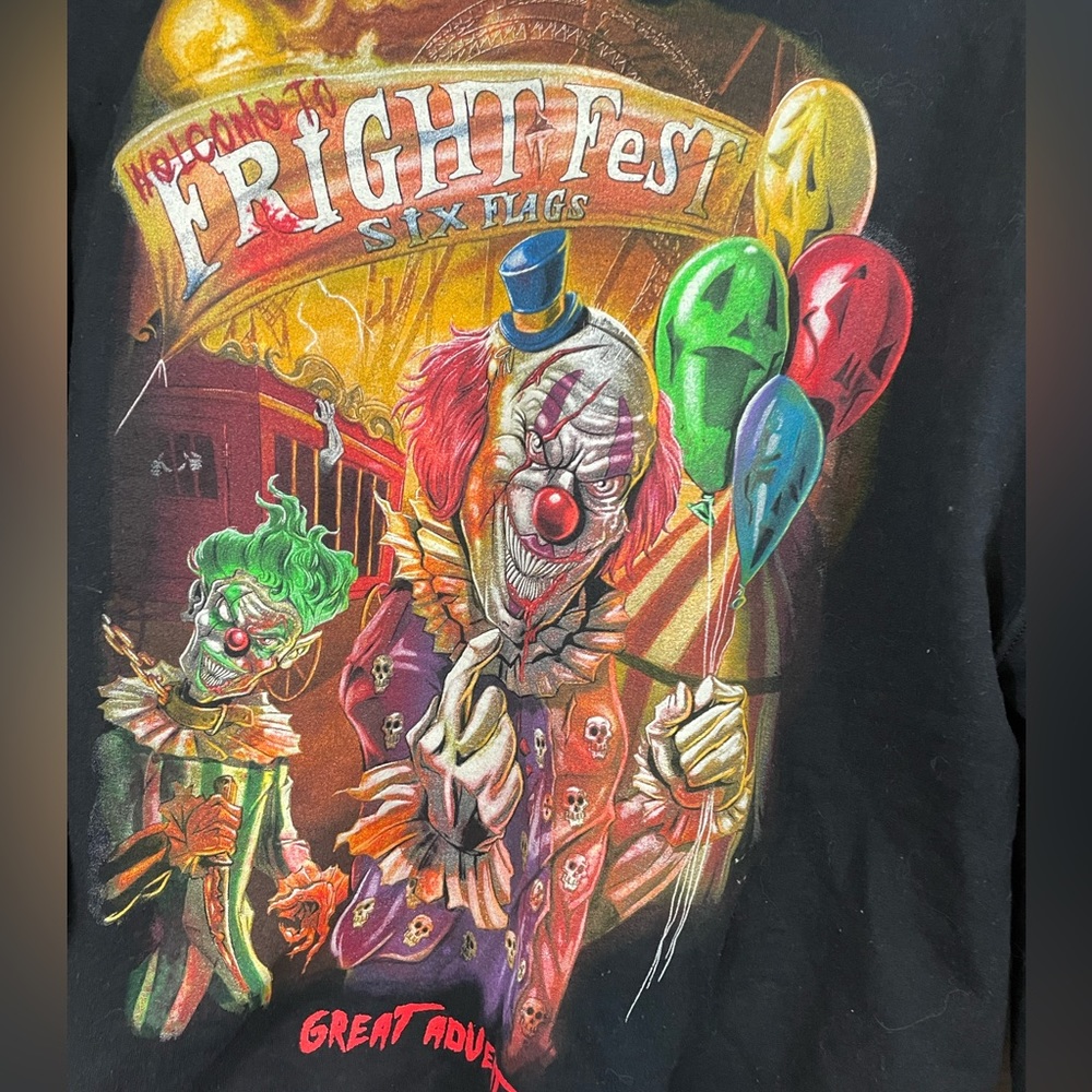 Large VTG 00s Y2K Six Flags Fright Fest Hoodie Sweatshirt Clowns Halloween